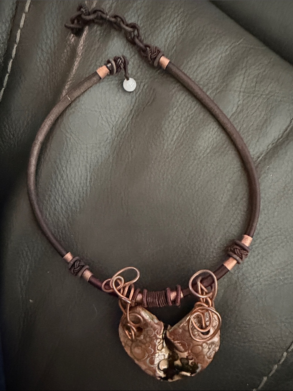 Hand Made Rustic Wire Wrapped Necklace with Clay Heart Shaped Medallion